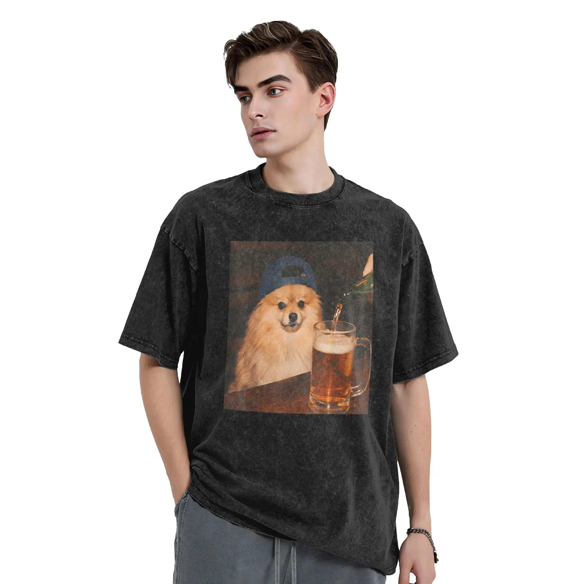 Oversized Washed T Shirt Pomeranian Drinking Beer Loose T-Shirts  Popular Tshirt for Male Summer Y2K Fun Print Top Tees