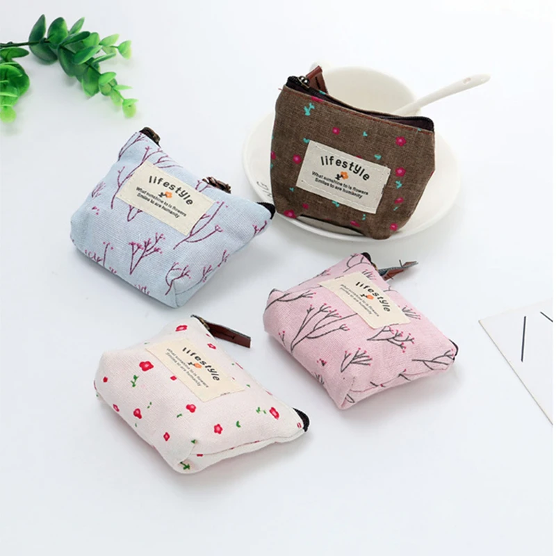 Small Coin Purses With Fresh Flower Pattern Storage Bags Canvas Coin Wallets For Lady Girls Earphone Coin Key Money Zipper Pouch