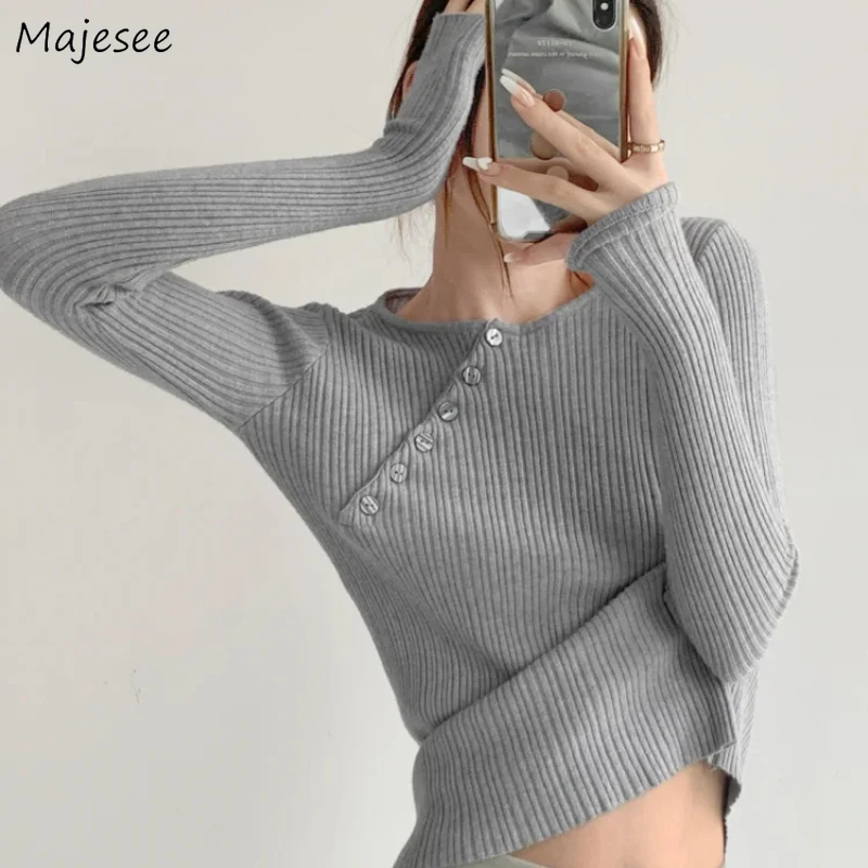 

Knitting T-shirts Women Slim Simple Basic Solid All-match Autumn Cozy Leisure Korean Style Trendy Elegant Chic Long Sleeve Tops