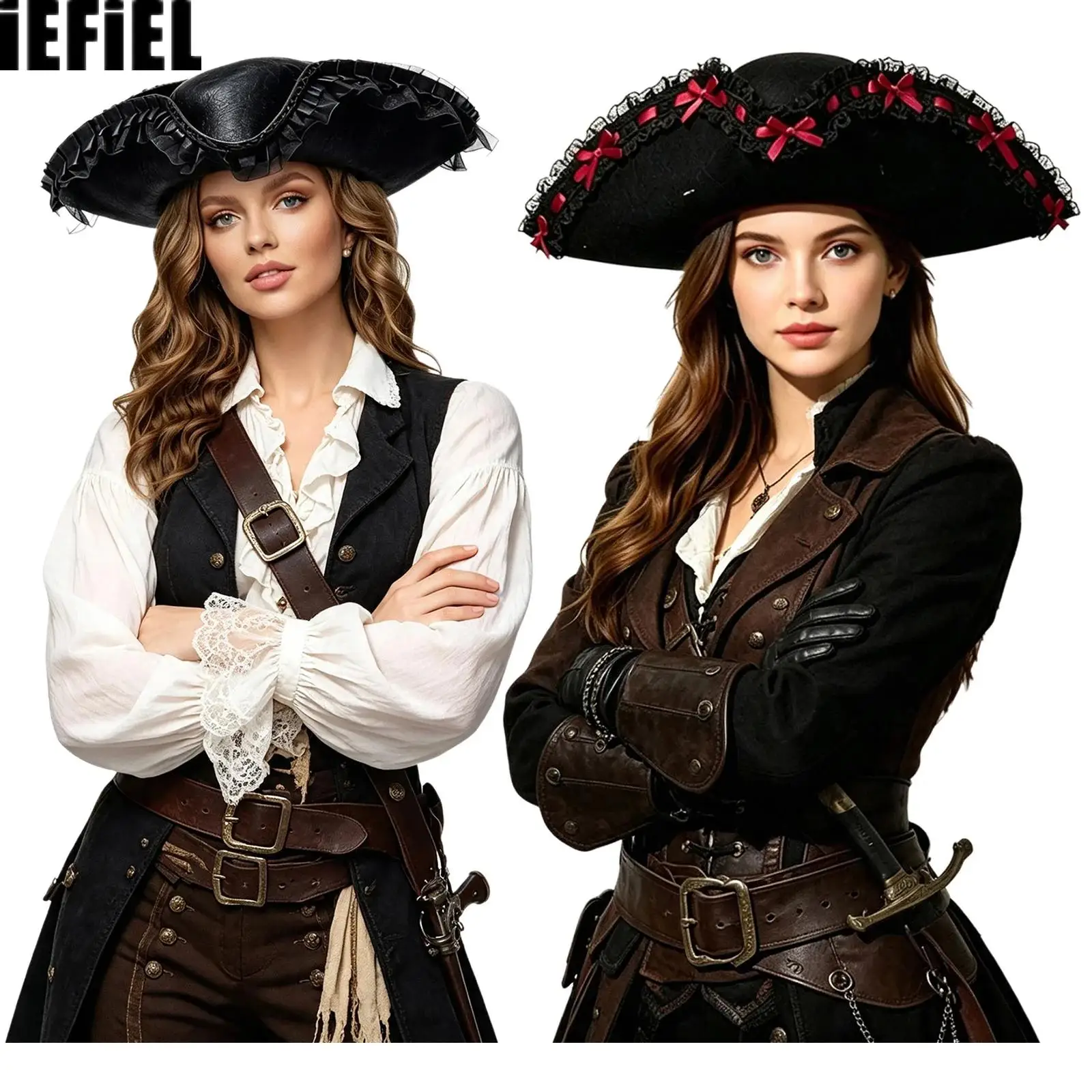 Women Retro Court Style Tricorn Hat Ruffled Lace-trimmed Pirate Cap Cosplay Costume Accessories for Halloween Party