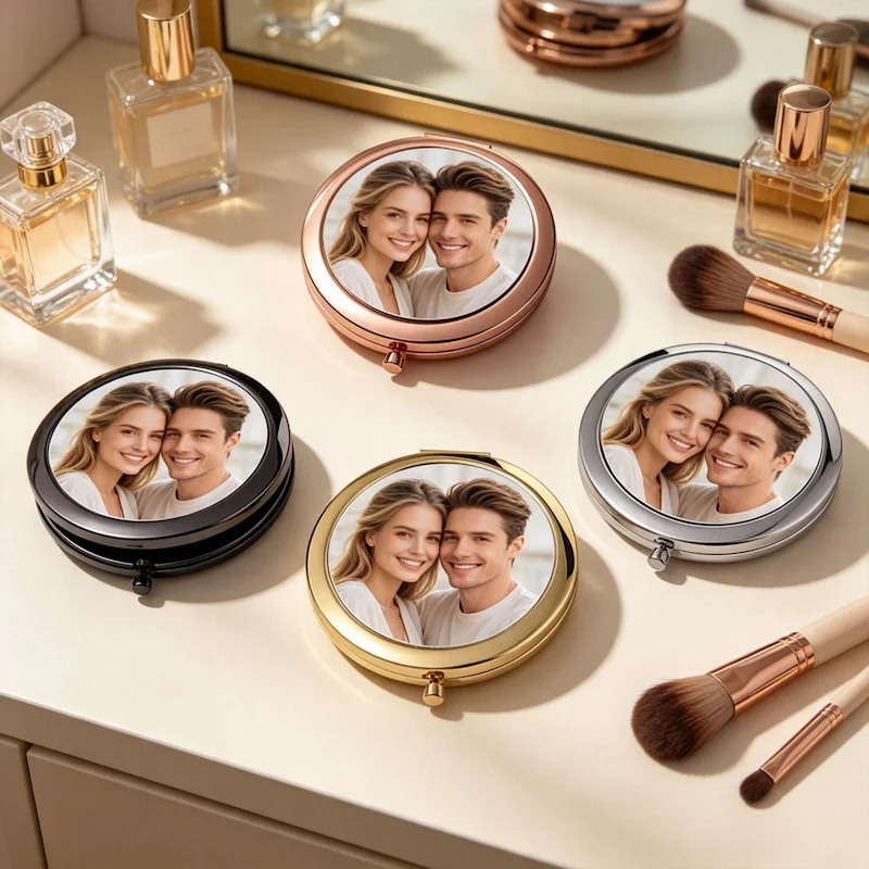 Personalised Photo Compact Mirror, Custom Printed Round Folding Pocket Mirror, Customised Commemorative Gift