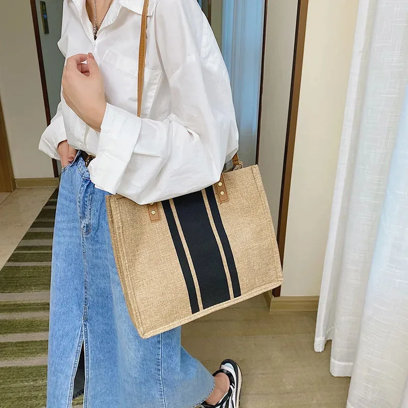 

Women's simple large capacity casual shoulder crossbody bag canvas striped decorative bucket shaped handbag top handle handbag