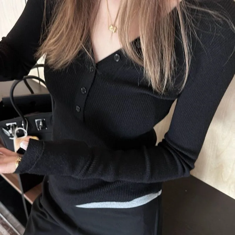 

Женский вязаный топ с v-образным вырезом, осенний новый свободный утягивающий универсальный возрастной вязаный топ с длинными рукавами