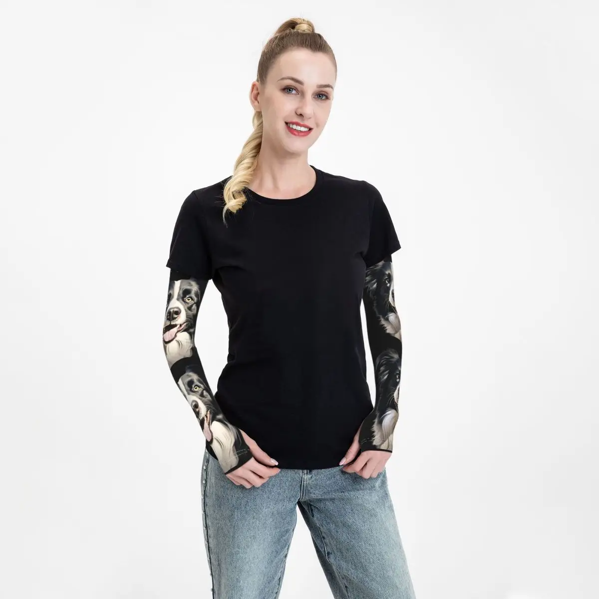 Border Collie Mangas de brazo al aire libre Cubierta de protección solar UV Mangas de tatuaje de ciclismo de seda de hielo de verano