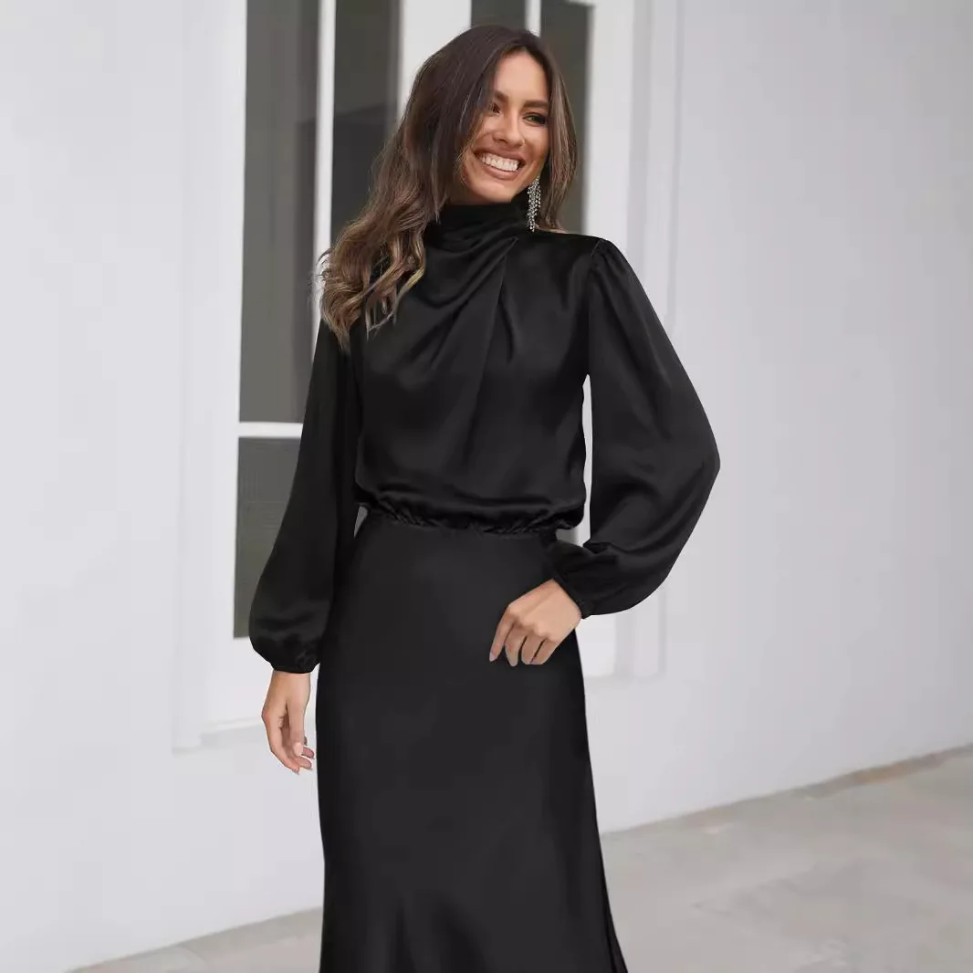 프랑스 디자인 드레스 모델 넥 롱 슬리브 드레스 새틴 셀럽 우아한 이브닝 드레스 2025 봄 여름 여성 의류