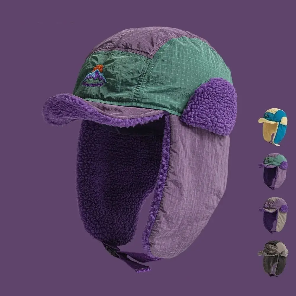 

Fashion Embroidered Lei Feng Caps Color Matching Riding Warm Earflaps Thickened Winter Outdoors Bomber Hats for Men Women