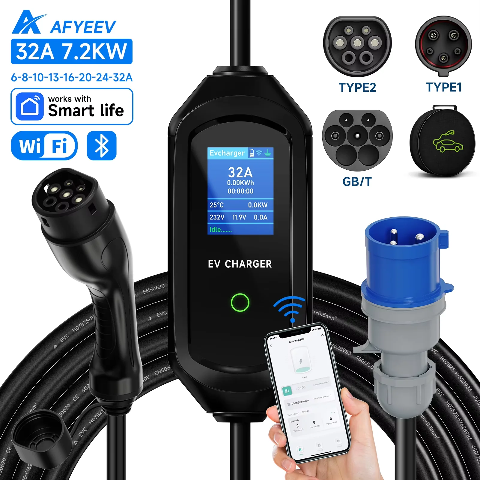 AFYEEV 32A 7.2KW Type2 Type1EV Charger Portable GB/T Electric Vehicle Charger EVSE Charging Cable WiFi Bluetooth APP Control