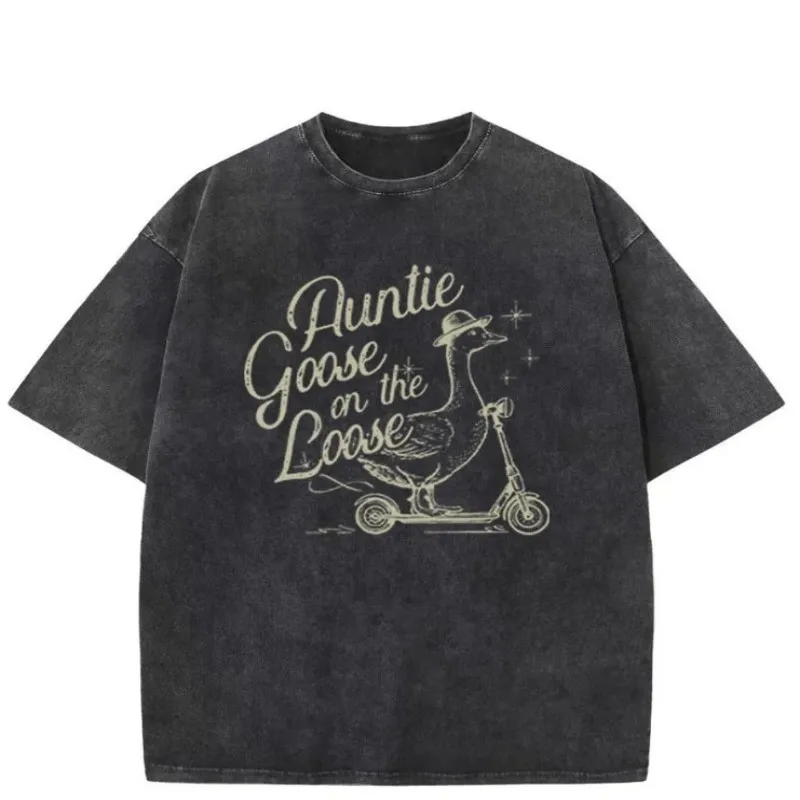 Trendy Auntie Goose on the Loose T Shirt Women Washed Cotton Retro Aesthetic Harajuku Streetwear Style Casual Fashion New Top