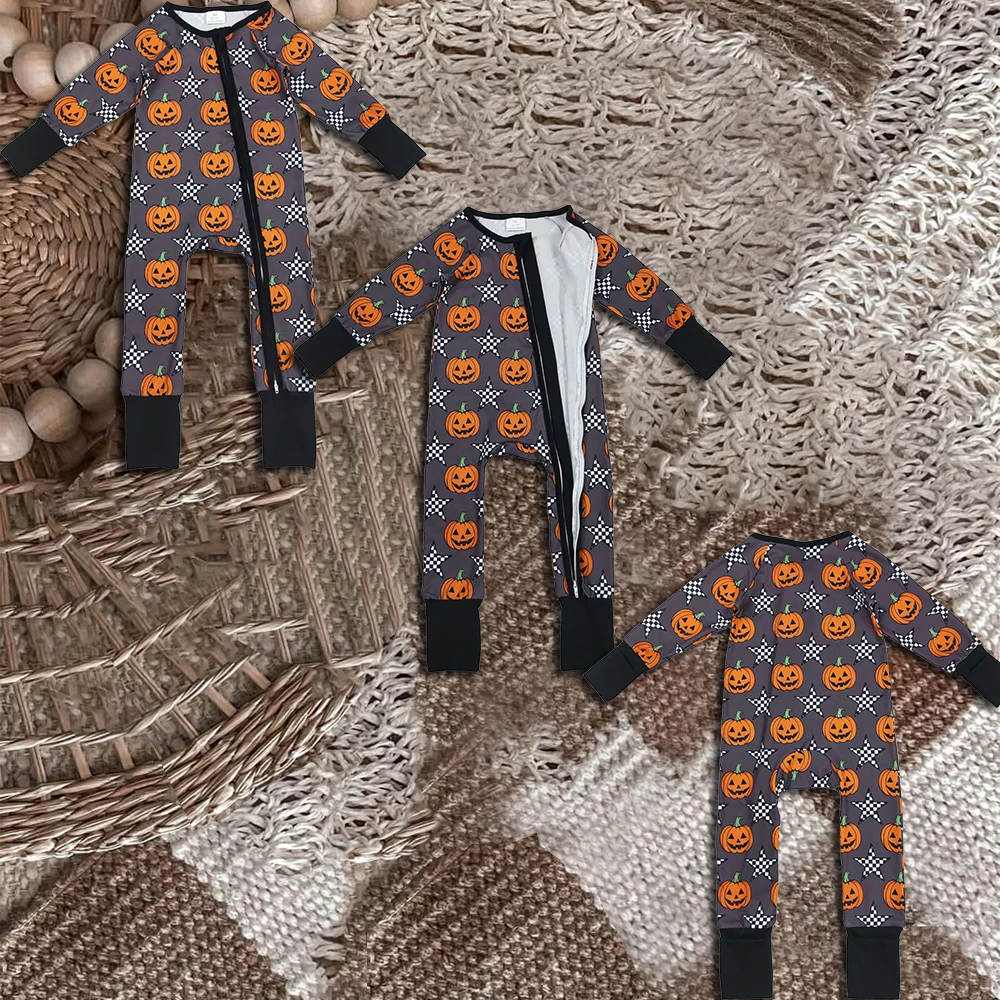 z818-20 LR2464 Wholesale baby romper kids clothes boy Halloween pumpkin zip-up romper Autumn Boutique Children clothing