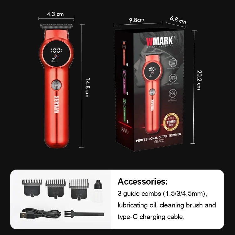 WMARK NG-7201 Hair Detail Trimmer, Hair Clipper Electric Hair Cutting, 440C(9CR18)Powder Metallurgy T-style Blade, Hair Trimmer