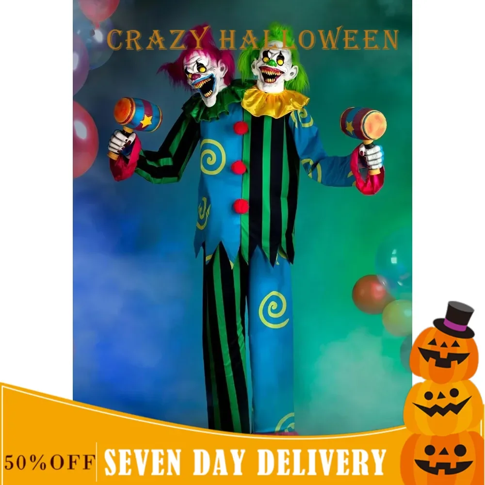 

Halloween Costumes， 7.5 FT Double Trouble Demon Clown Animatronic, Evil Talking Circus Clown Decorations for Halloween Standard