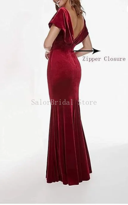 Velvet Mermaid Bridesmaid Dresses for Wedding V Neck Off Shoulder Prom Dresses for Women Pleated Floor Length Formal Gowns