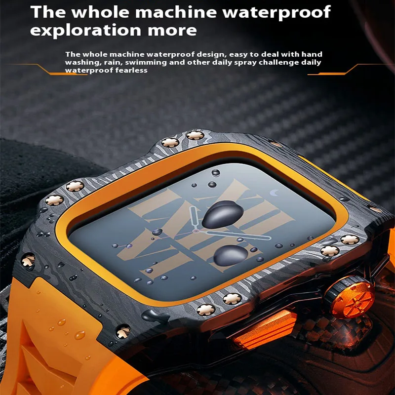 Carbon Fiber Modified Protective waterproof Case with Band strap Black metal bezel for iWatch Apple Watch series4657 8 9 44/45mm