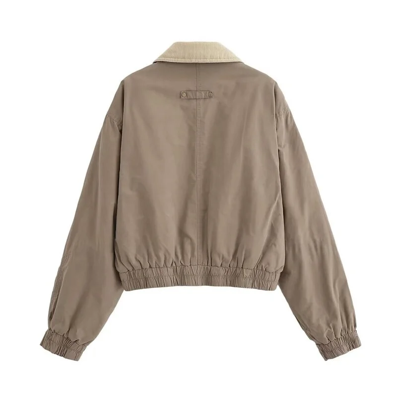 Nowa damska kurtka z długim rękawem, z kołnierzem, z bawełny woskowanej, mieszanka bawełny, kolorowa, odzież wierzchnia, dojazdy do pracy, luźny krój, zapinana na zamek.