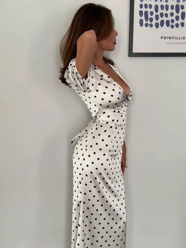 Articat elegante cetim bodycon festa clube vestido de noite feminino sexy com decote em v bolinhas vestido longo fino vestido formal 2025 verão novo