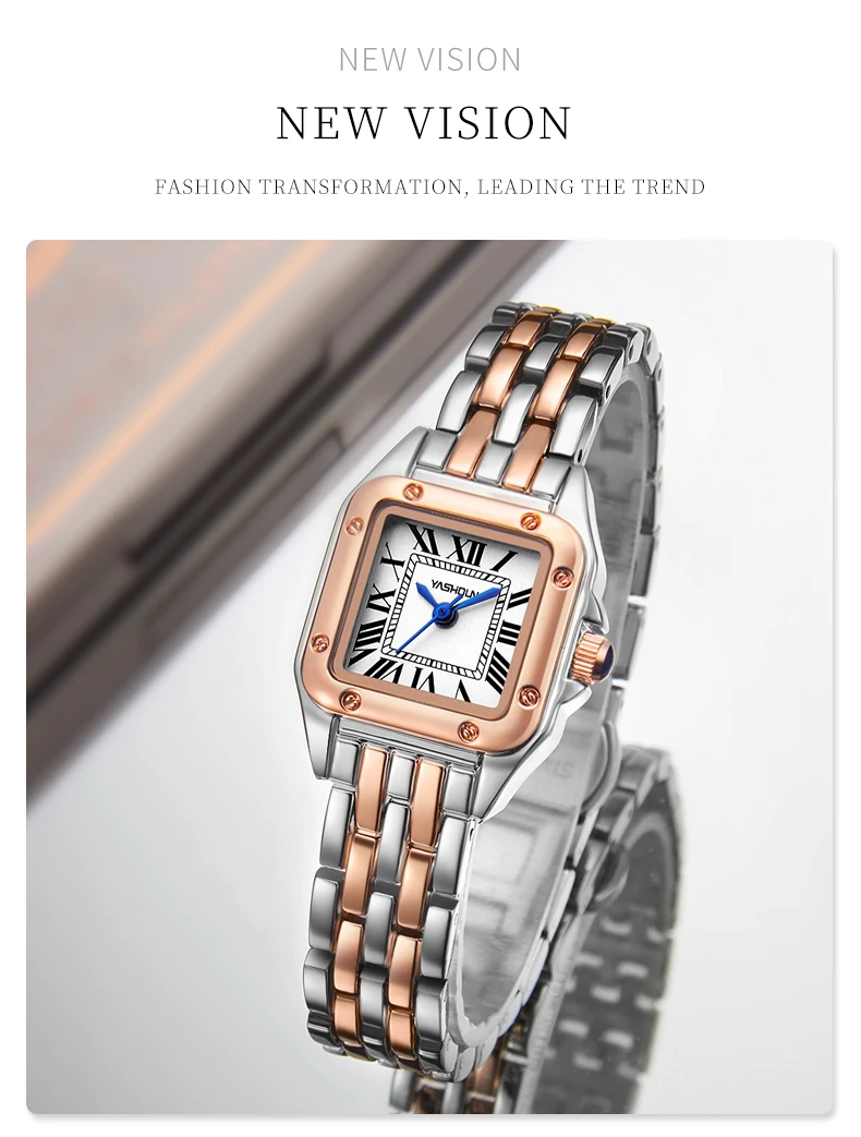 YASHIDUN Women Watch Square Small Clock Elegant Watch Small Size Quartz Watch Stainless Steel Waterproof Women Wristwatch