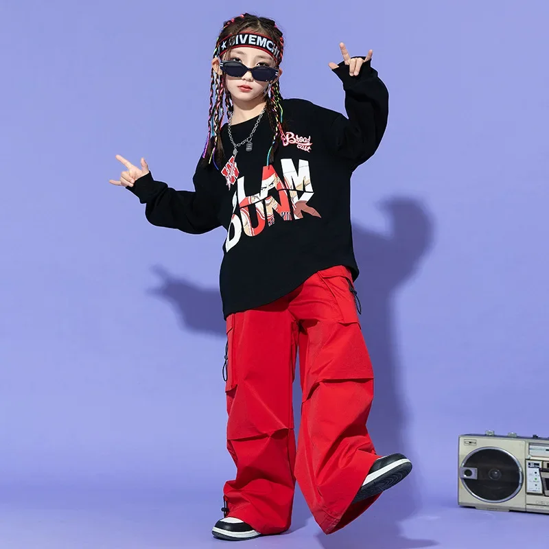 Disfraz de moda de Hip-hop para niños y niñas, Tops de manga larga, pantalones Cargo rojos, trajes de baile de Jazz, ropa de actuación, ropa de
