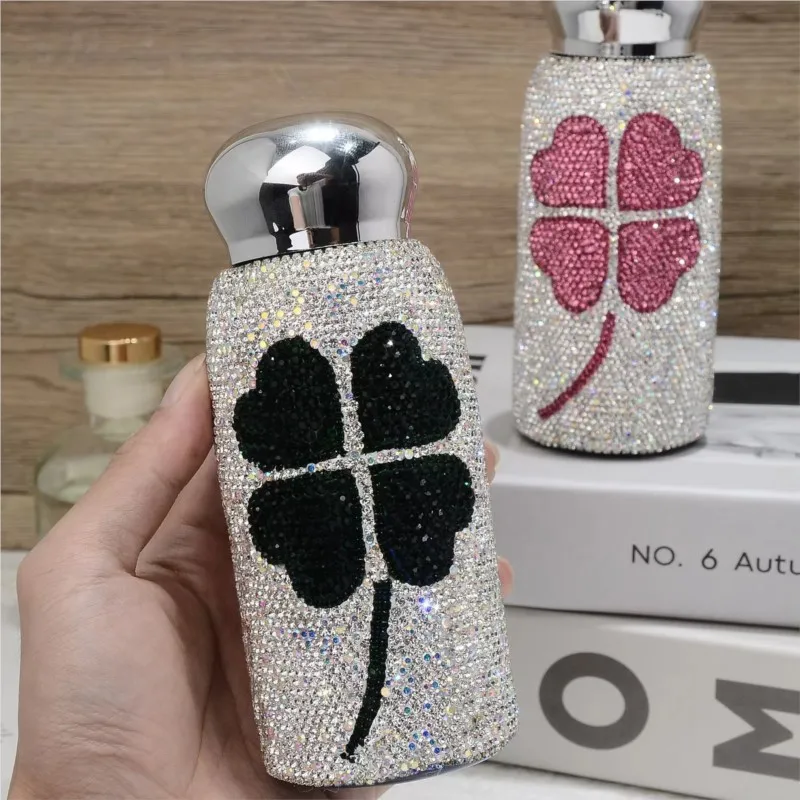 Pink Leaves Glass Rhinestone Tumbler Crystal Portable Vacuum DIY Blinged Stainless Steel Coffee Mug Glitter Thermos Drinkware