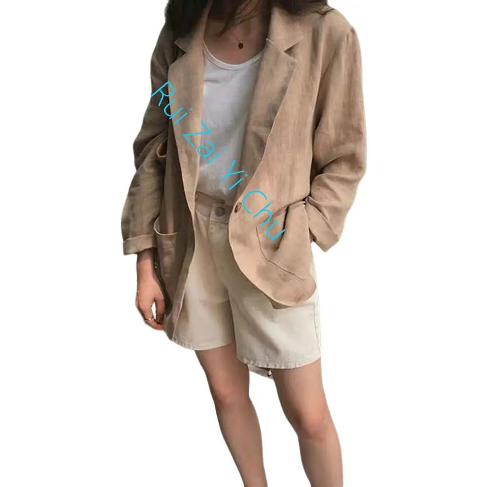 Korean Version of Cotton Linen Solid Color Retro Loose Casual Suit Jacket Women European and American Summer New Womens Clothing