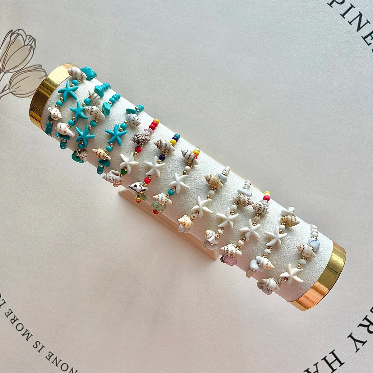 12 Pieces Fashion Starfish Conch Stone Bracelets Fashion Summer Ocean Style Adjustable Bracelets