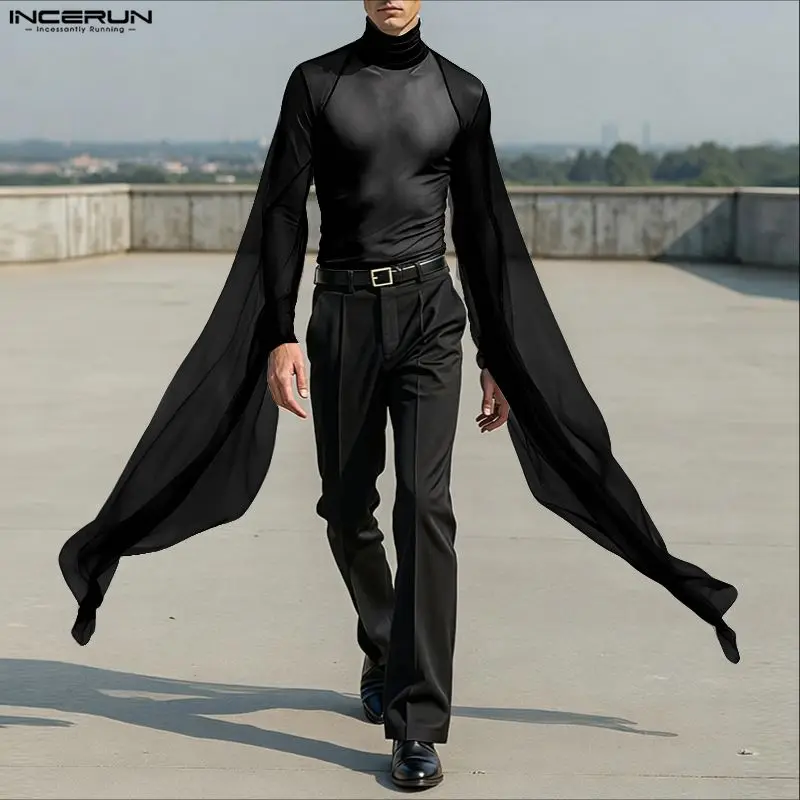 INCERUN الرجال تي شيرت شبكة المرقعة الياقة المدورة طويلة الأكمام انظر من خلال الرجال الملابس الشارع الشهير مثير موضة غير النظامية المحملة القمم