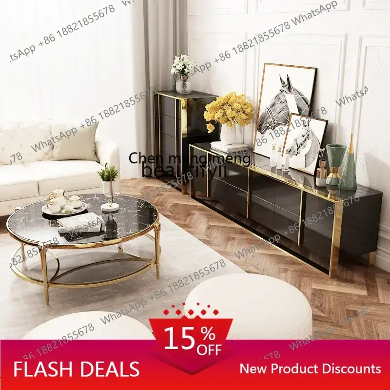

TV Cabinet Light Luxury Stainless Steel Small Apartment Italian Living Room Storage Floor Cabinet Tea Table Combination