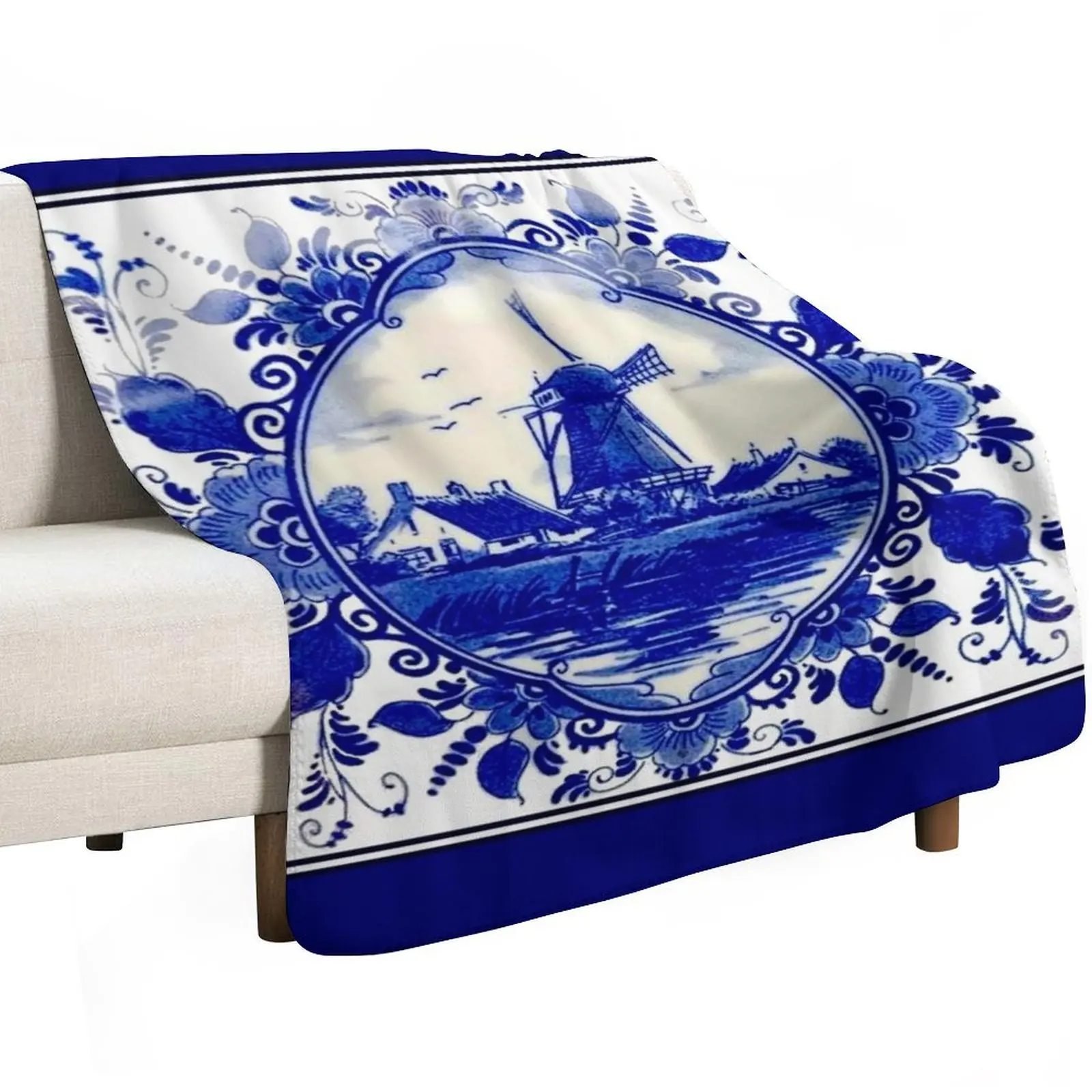 DUTCH BLUE DELFT : Vintage Windmill on River Print Throw Blanket Custom Blankets For Baby Loose Soft Big Blankets
