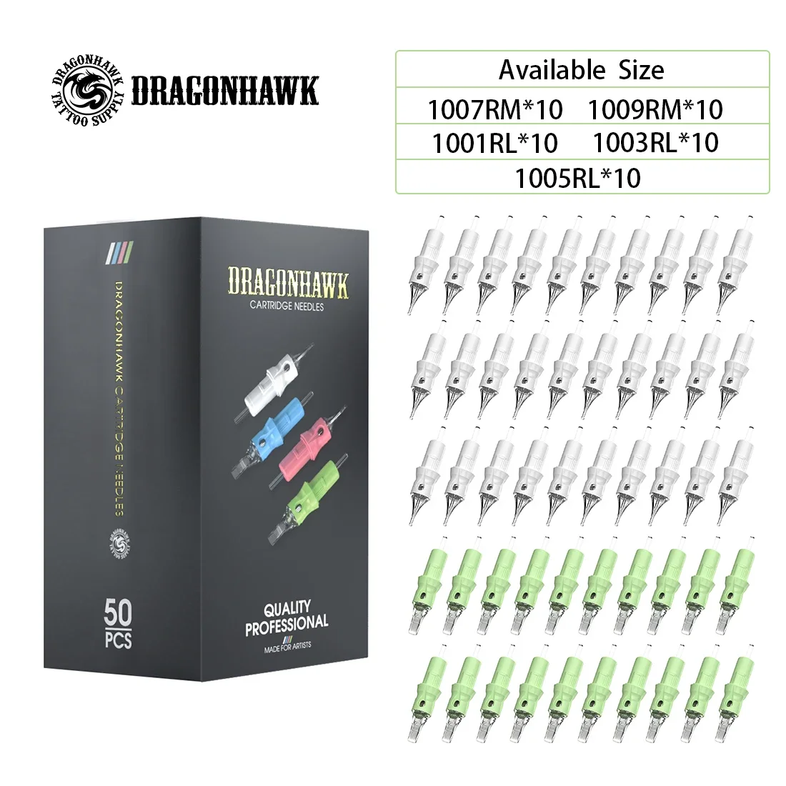 Dragonhawk 0,3 mm/0,35 mm Durchmesser, 50 Stück/Box, gemischtes Modell, Einweg-Tattoo-Nadelkartusche für Rotary-Tattoo-Maschinenzubehör