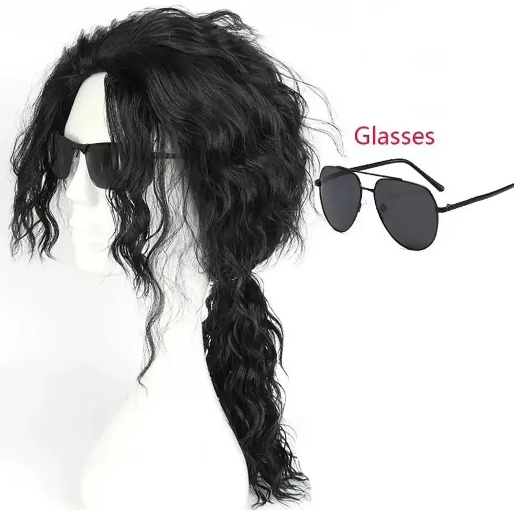 Peruca de Cosplay Anime Michael Jackson, Peruca Preta Michael, Peruca de Cabelo Preto Cacheado Médio-Longo para Role Play Michael
