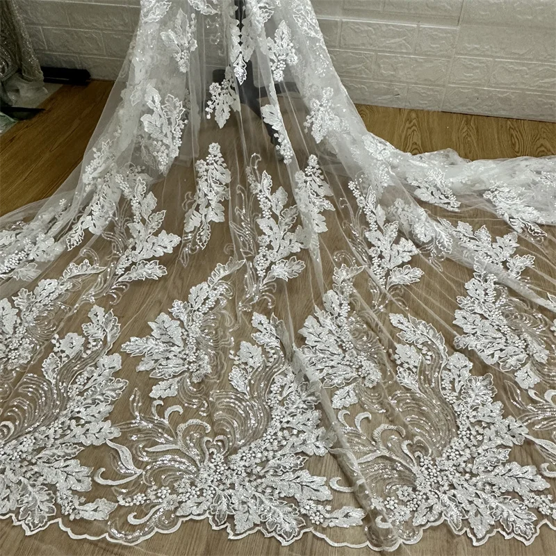 High Quality Clear Sequins Off whtie Rayon French Lace Bridal Wedding Gown Dress Lace Fabric 1 Yard