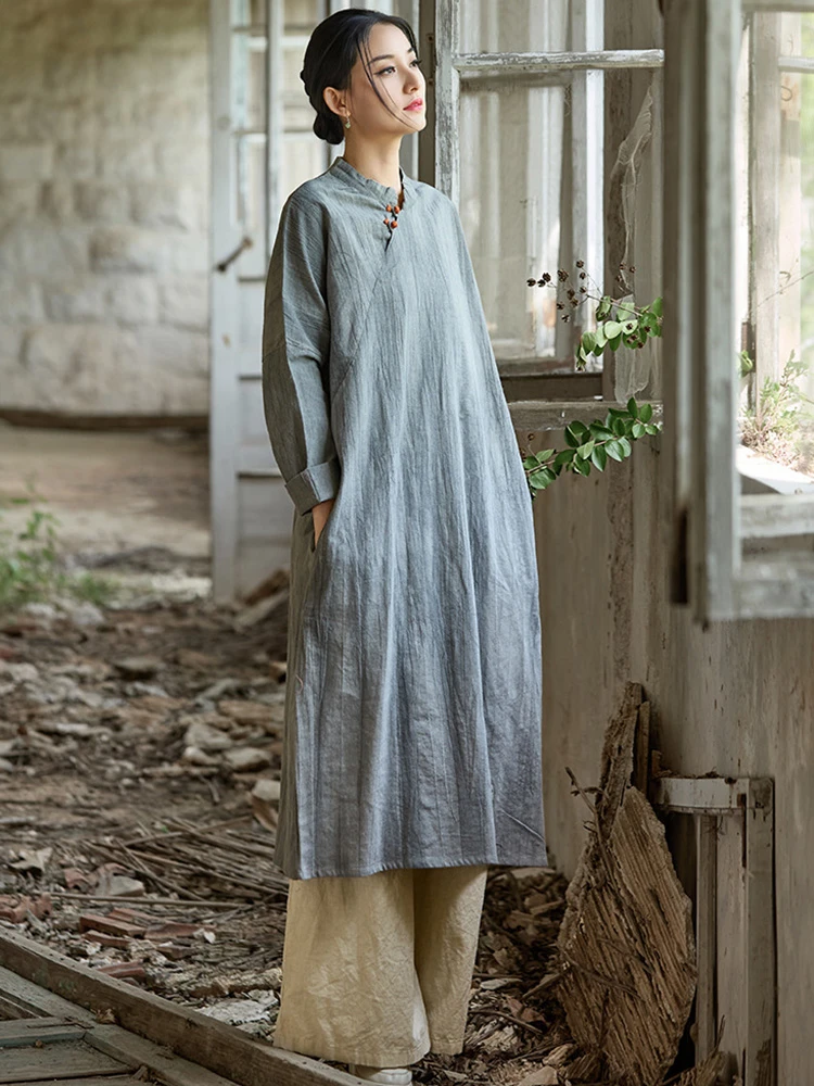 

Chinese Style Women Cotton Linen Casual Dress New Arrival 2025 Spring Vintage Mandarin Collar Loose Female Long Dresses T618