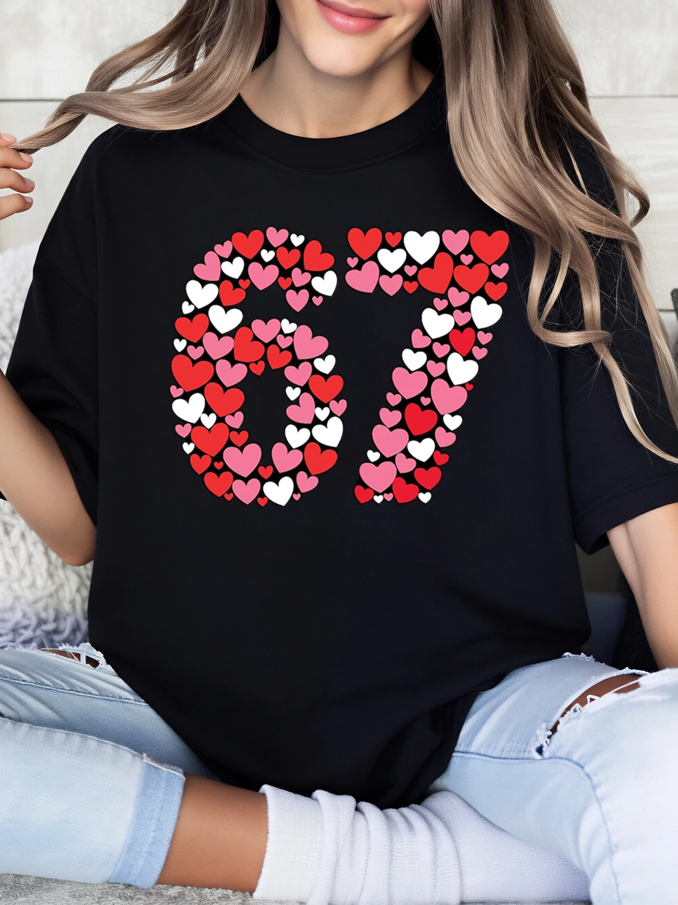 

Heart Pattern Number 67 Valentine's Day T-Shirt Women Casual Wear Black Plus-Size