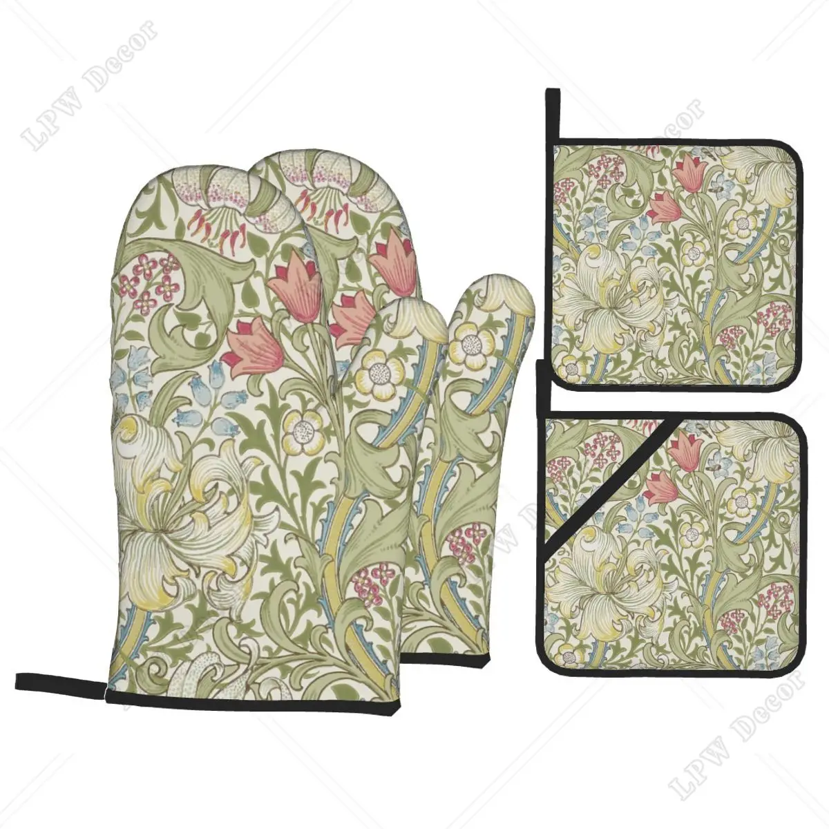 William Morris Art Oven Mitts and Pot Holders 4pcs Sets Heat Resistant Kitchen Gloves Potholders for Cooking Baking Grilling