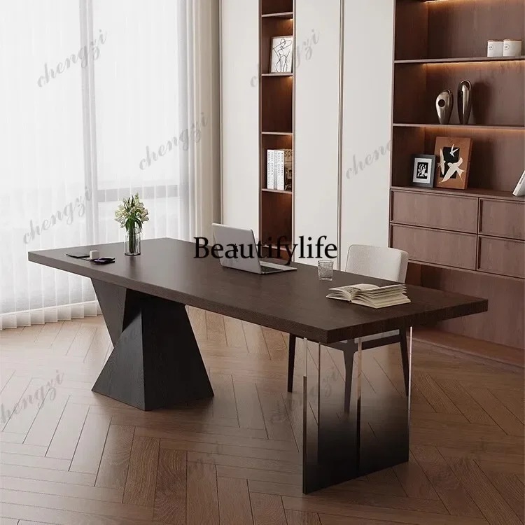Black solid wood desk with socket living room study long table light luxury office computer desk worktable Italian minimalist