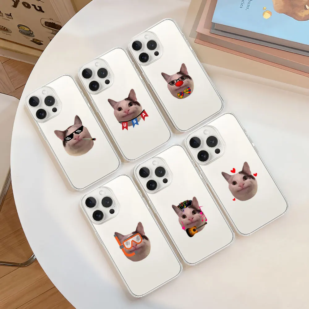 Beluga Polite Cat Funny Meme Phone Case for iPhone 11 12 13 14 15 16 Max Pro Plus Transparent Soft Shell