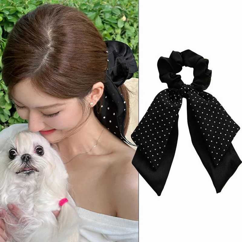 

Fashion Black White Dots Scrunchies Long Ribbon Hair Rope Ties for Women Elastic Ponytail Scarf Daily Hair Band Accessories M