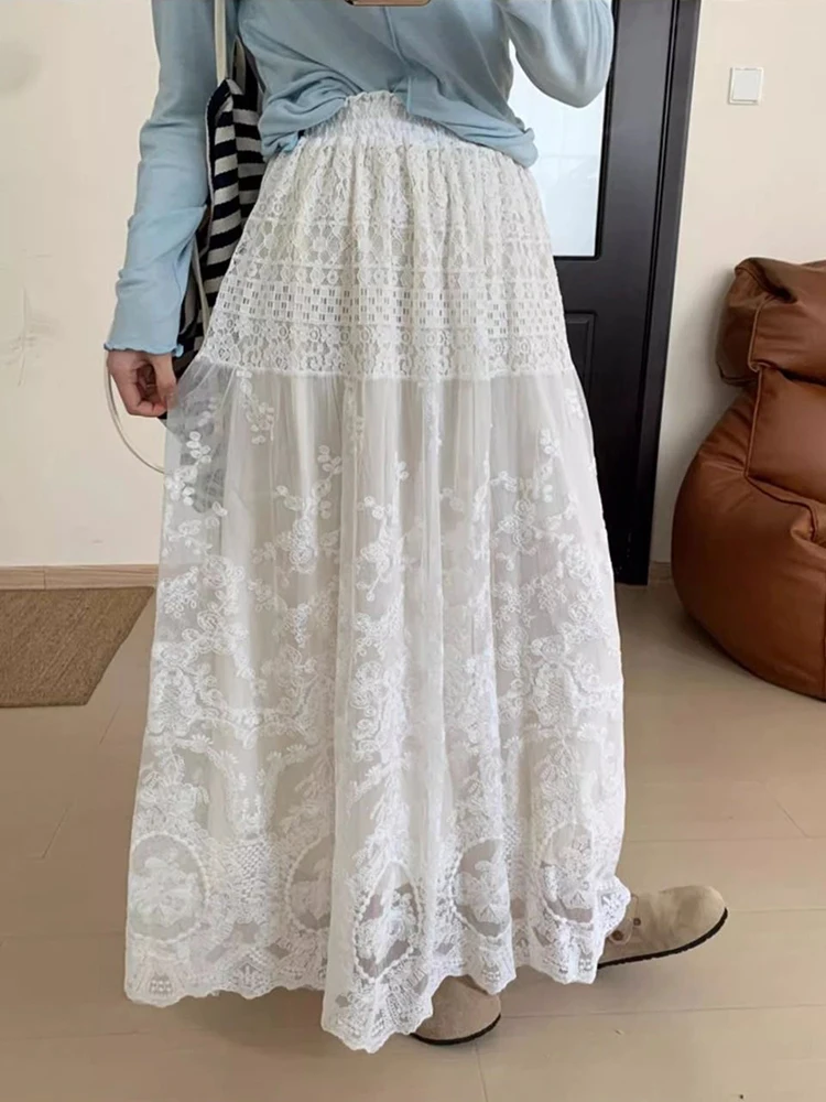 French White Lace Long Skirt Women High Waisted A-line Skirt