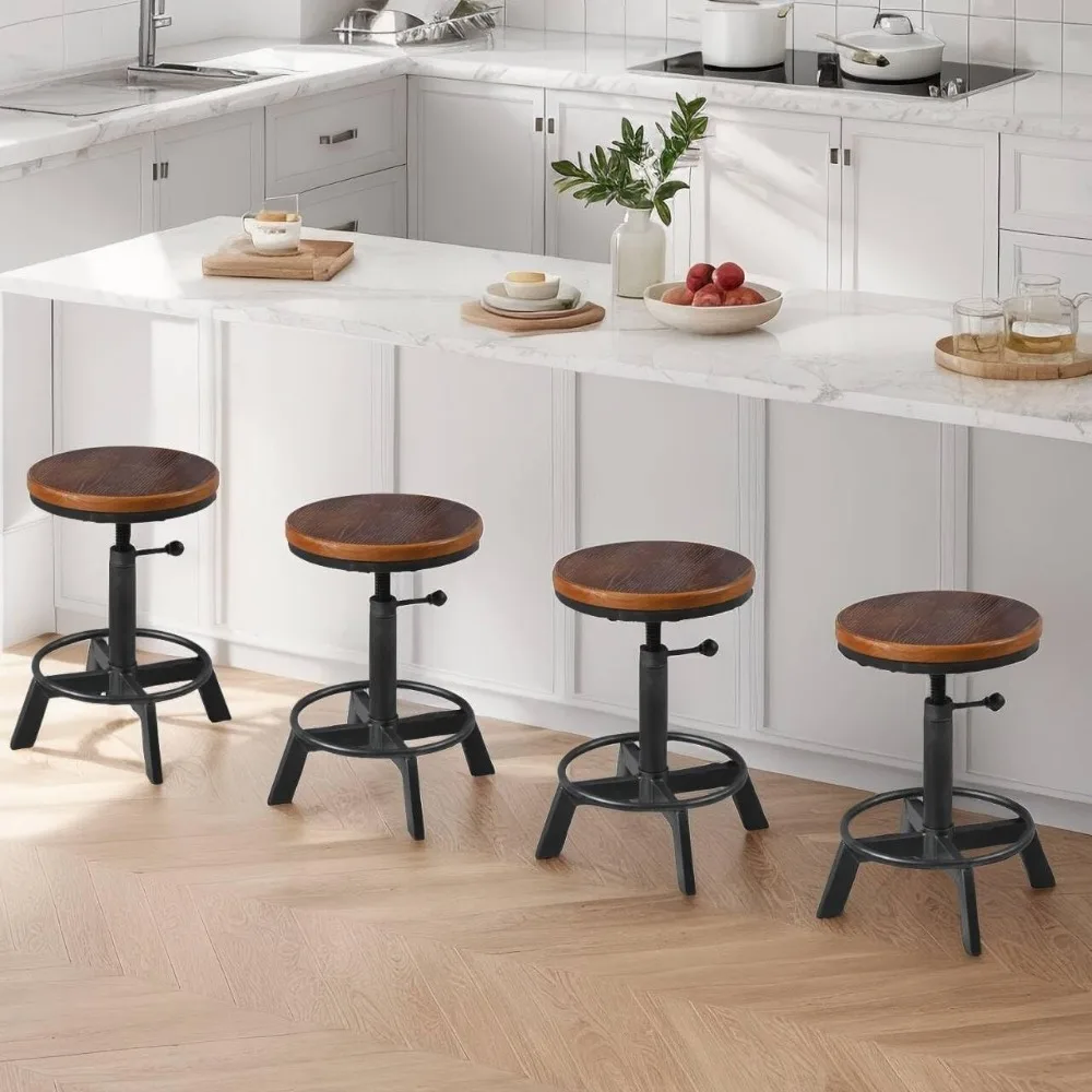 Taburetes de bar giratorios de estilo industrial - Asientos de madera rústica con altura de mostrador para isla de cocina - Altura ajustable de 17,7 a 24 pulgadas