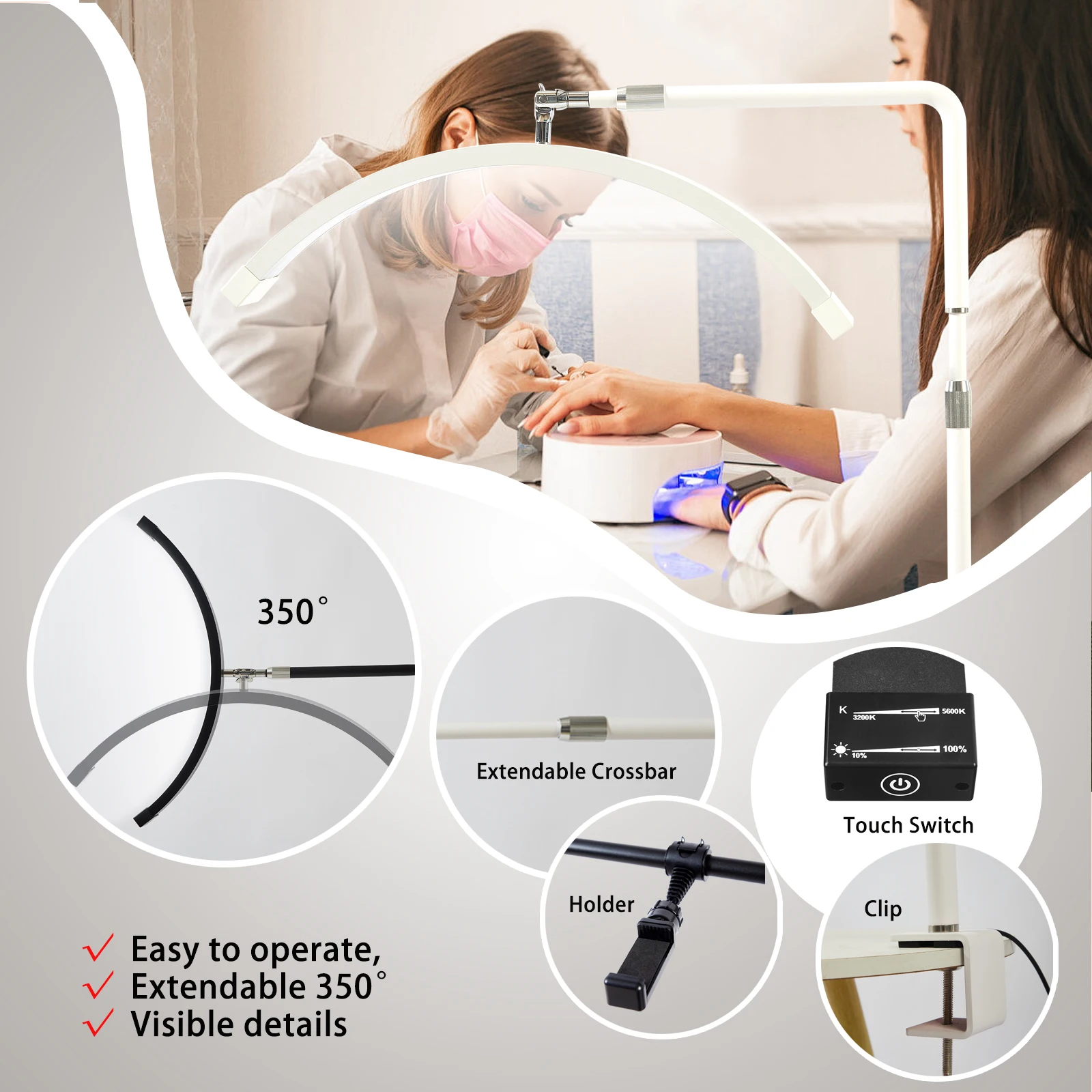 Fosoto LED Nail light Desk Lamp 3 Color Stepless Dimming Eye Protection Flexible Rotating Lamp Head for Beauty Manicure Shop