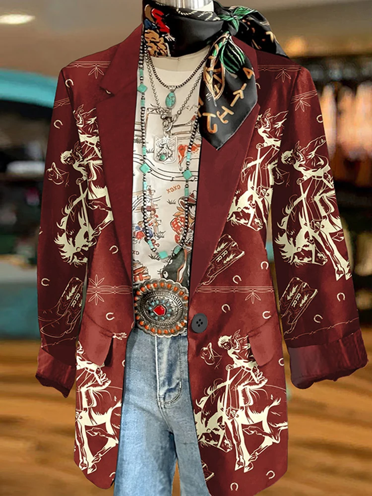 Vintage Western Racing Print Jacket Blazer