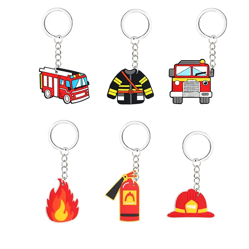 6Pcs Cartoon Firefighter Theme Party Gift Fire Truck PVC Keychains Toy for Kids Birthday Party Favors Pinata Fillers Goodie Bag