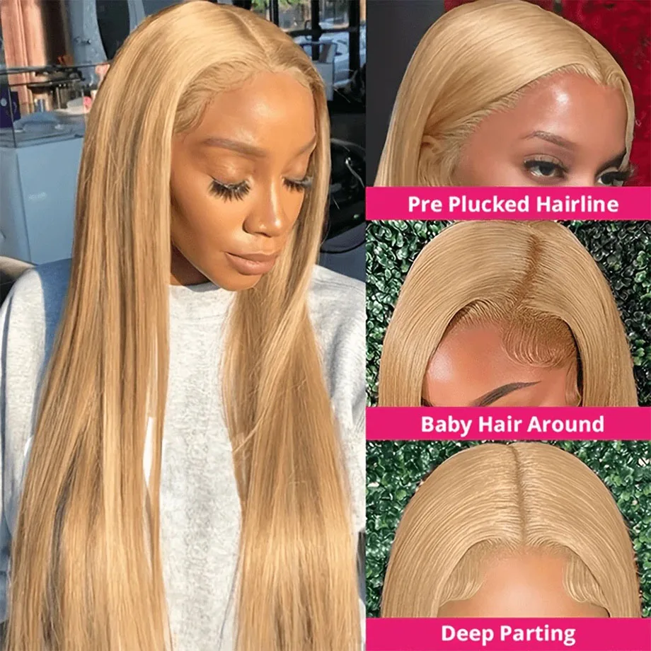 Honey Blonde Lace Front Wig Human Hair #27 Color Straight Lace Frontal Wigs 13x4 13x6 HD Transparent Lace Front Wig Pre Plucked image 2