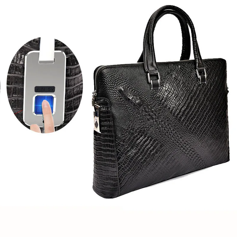 Fingerprint lock bag, genuine leather men's business briefcase, crocodile patterned top layer cowhide handbag