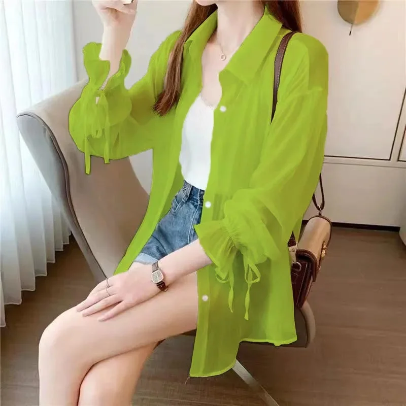 

Chiffon Women Thin Shirts Summer Perspective Solid Korean Sun Shirt Long Sleeve Fashion Korean Ladies Top New Sunscreen Clothing