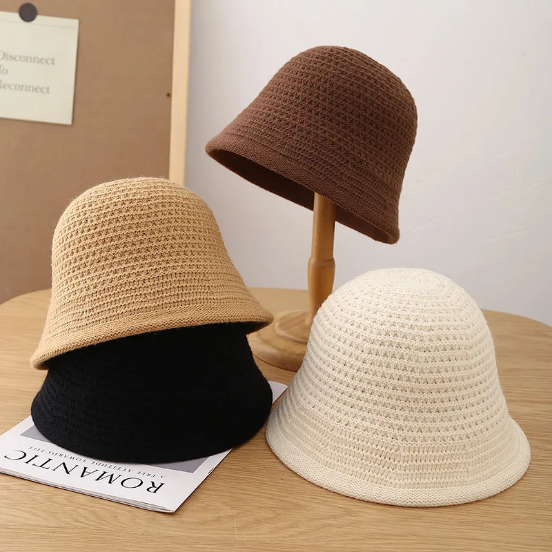 Bucket Hat Women Hollow Woven Solid Color Elegant Korean Style Fisherman Cap Bob Top Hat Female Crochet Hat Casual New