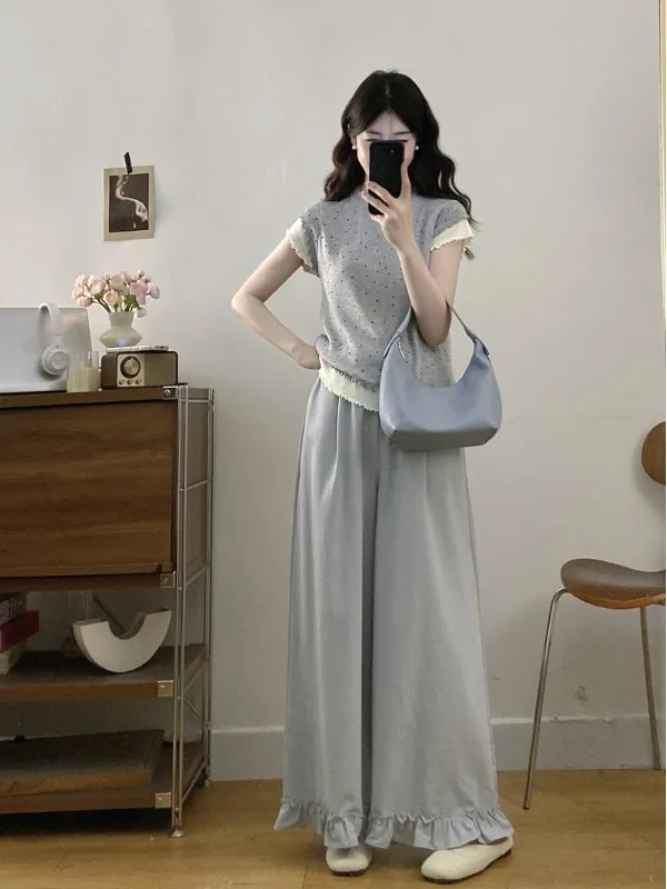 

Sweet Large Size Knitted Set Summer New Polka Dot Splicing Wide Leg Pants High Waist Commute Korean Style Fashion Ensemble