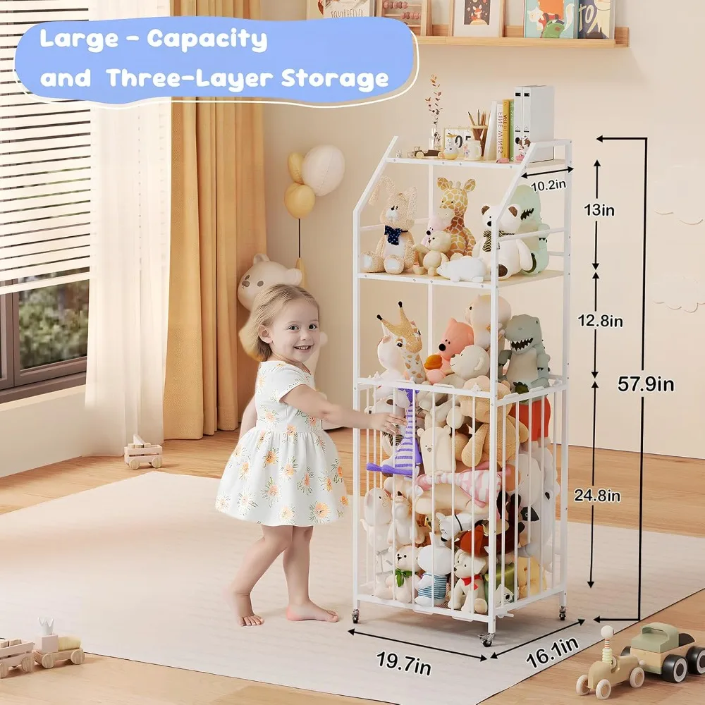 حديقة حيوانات كبيرة محشوة بالخشب والمعدن، حامل ألعاب قطيفة من 3 طبقات مع عجلات فرامل لتوفير المساحة