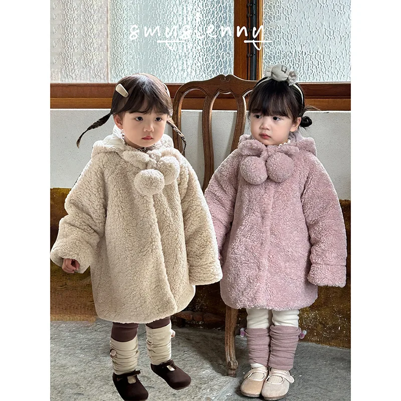 Mädchen Fleece Dicke Wolle Mantel 2024 Neue Herbst Winter Mode Mit Kapuze Warme Mantel Koreanische Einfache Stil 2-8 Jahre alt Kinder Kleidung