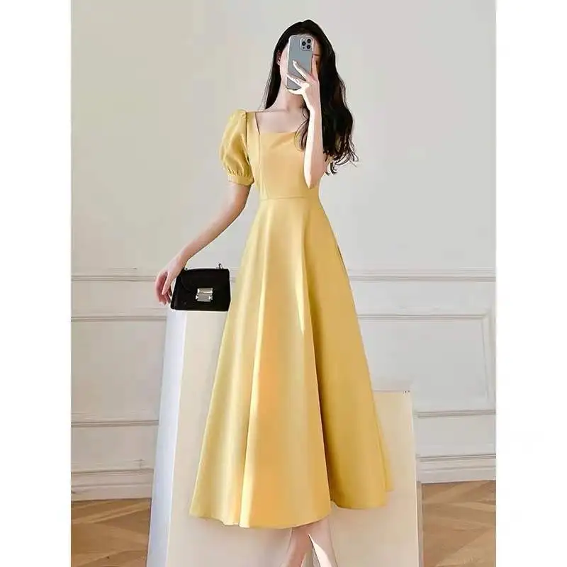 Light yellow dress summer new French square neck Hepburn style temperament long dress A-LINE vestidos dress