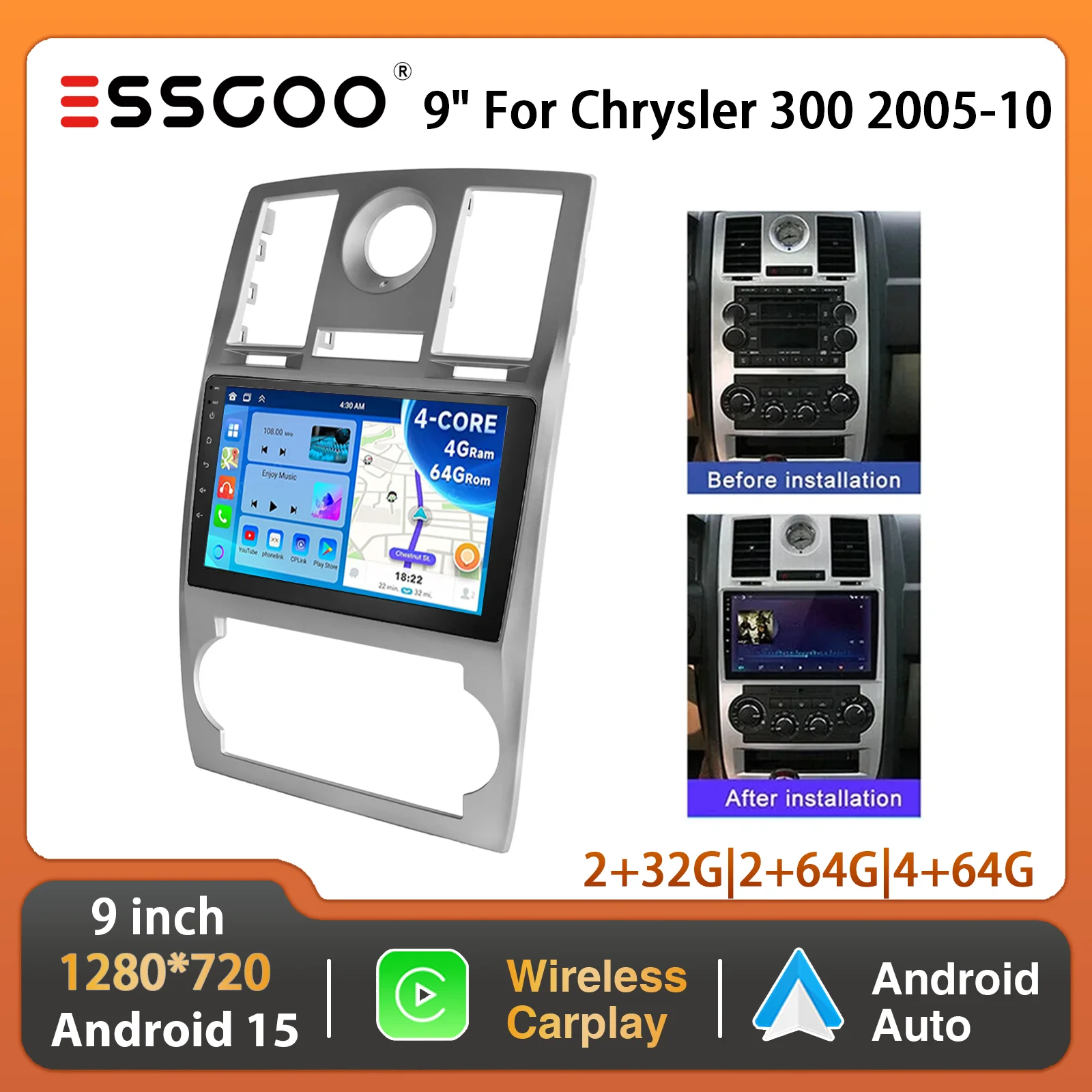 ESSGOO Autoradio Android 15 da 9 pollici per Chrysler 300 300C 05-10 con CarPlay Wireless, Android Auto, Navigatore GPS, WIFI e Mirror Link